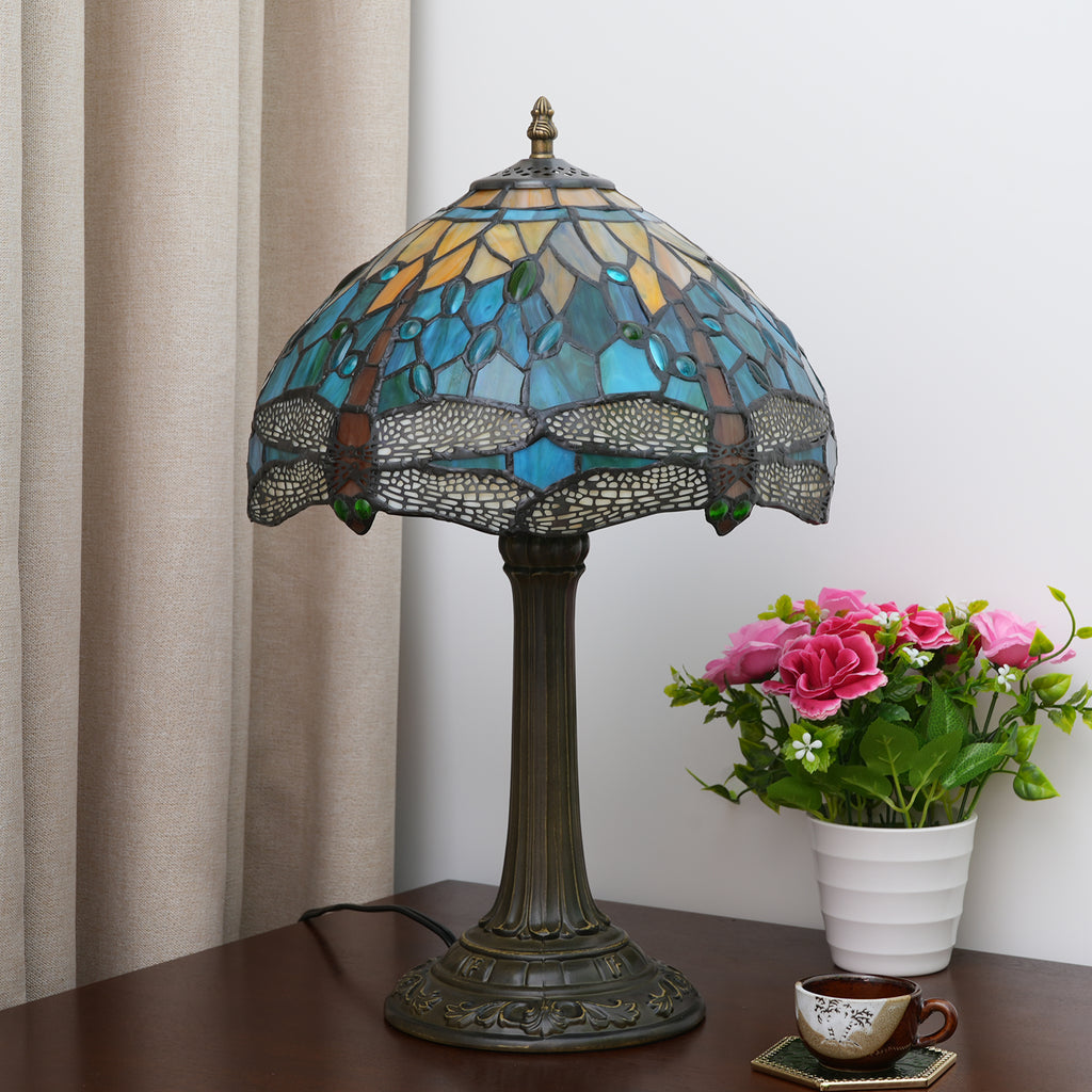 Lampe à Poser Art Nouveau en Verre Teinté Libellules