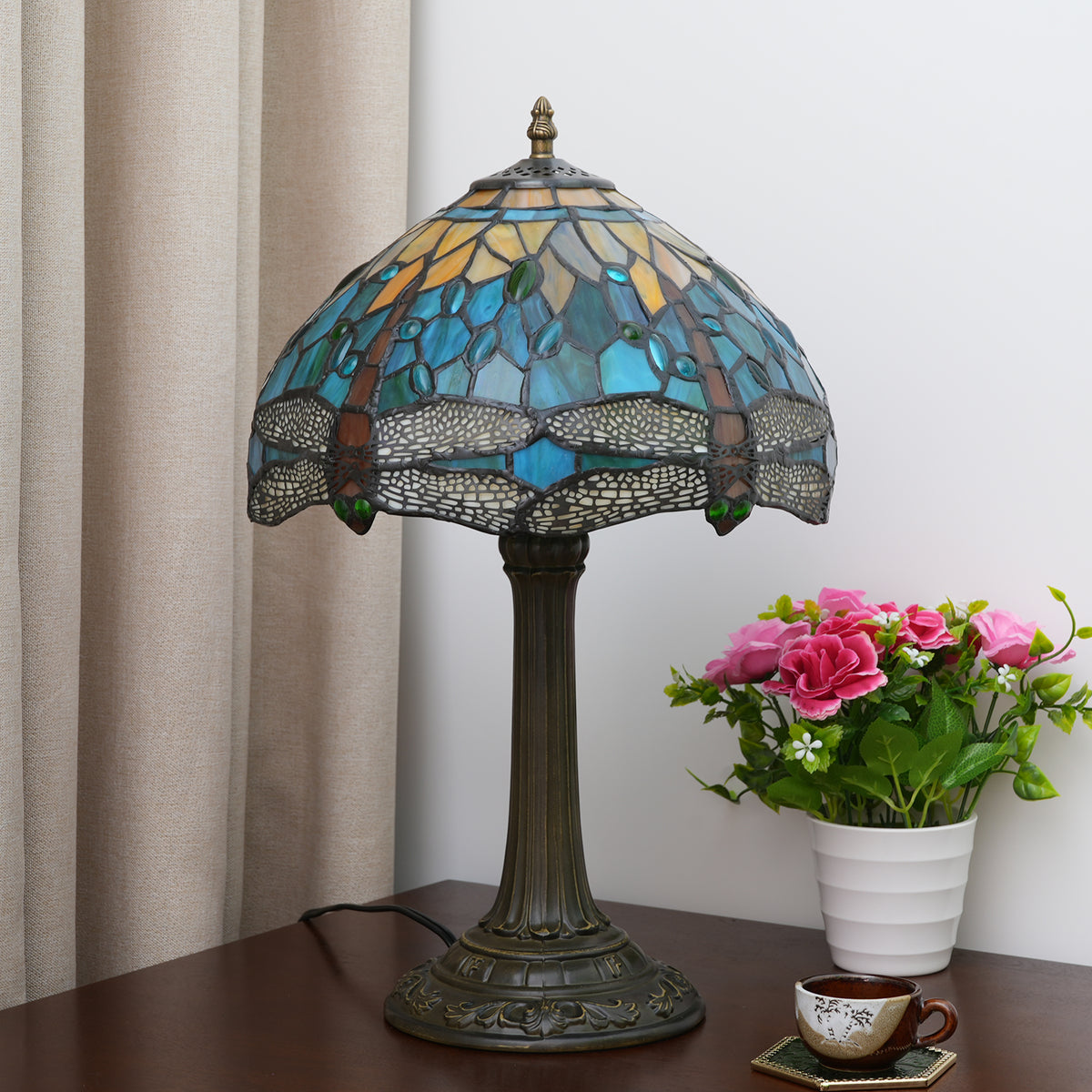 Lampe à Poser Art Nouveau en Verre Teinté Libellules