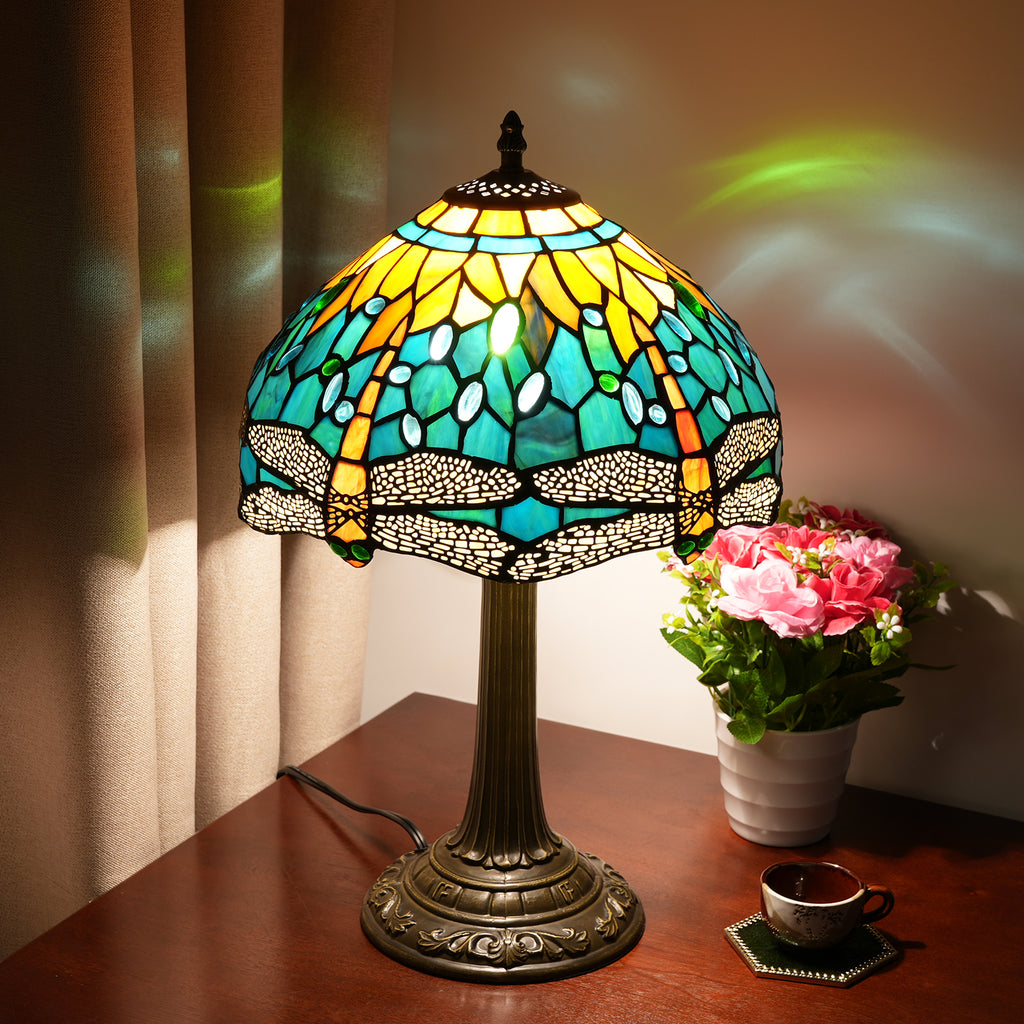 Lampe à Poser Art Nouveau en Verre Teinté Libellules