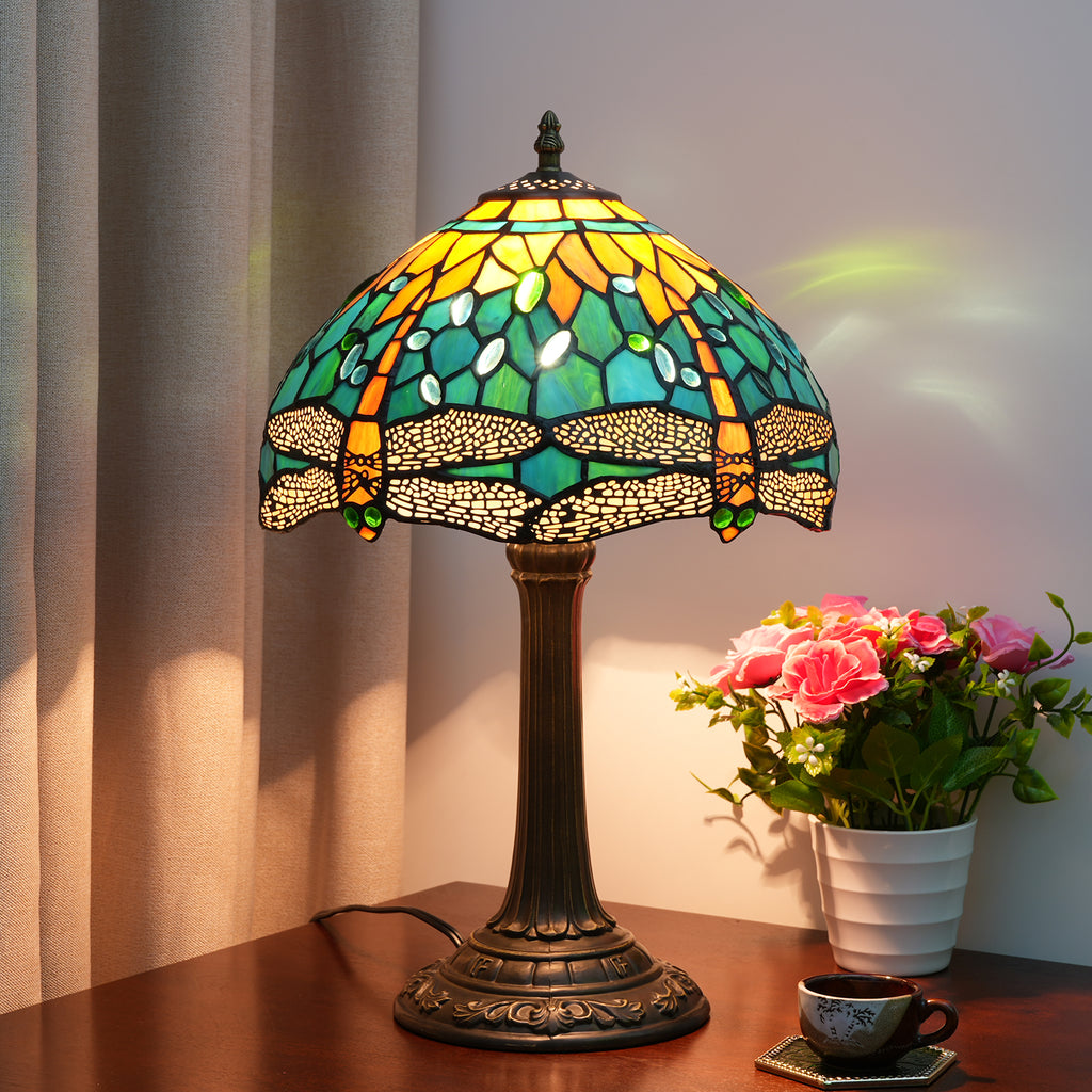 Lampe à Poser Art Nouveau en Verre Teinté Libellules