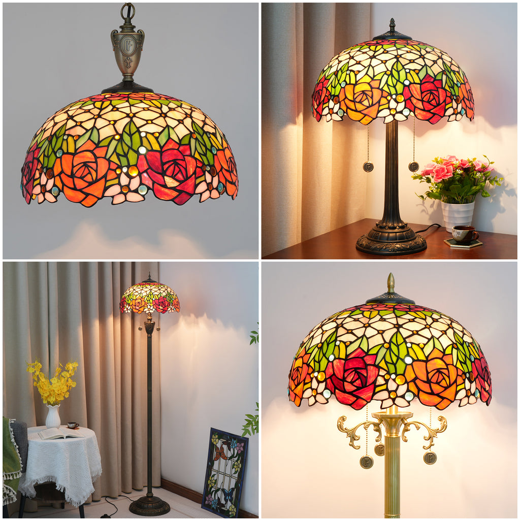 Abat-jour en Verre Teinté Style Tiffany Roses