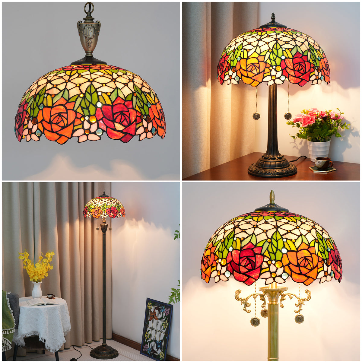 Abat-jour en Verre Teinté Style Tiffany Roses