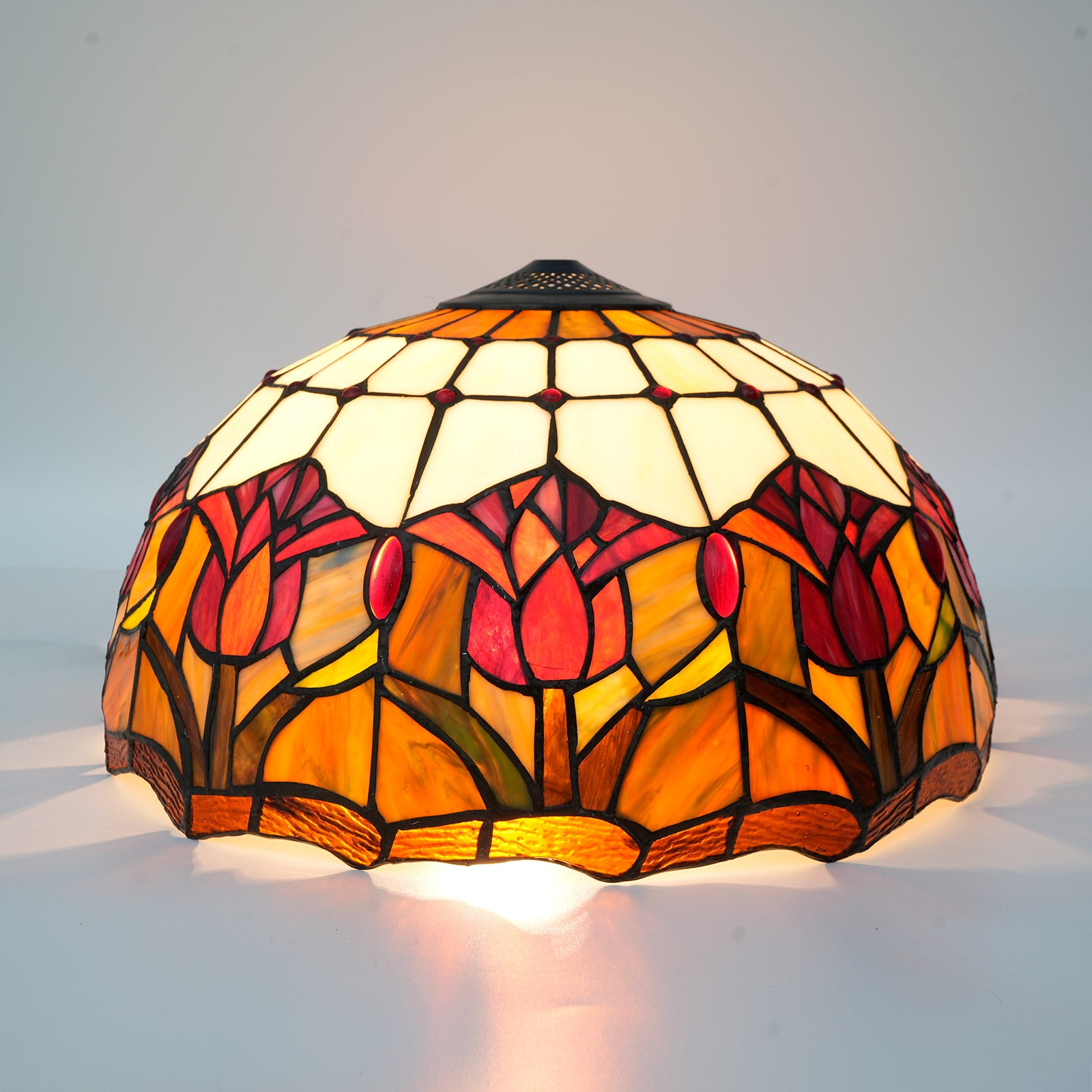 Abat-jour Tiffany en Verre Teinté à Motifs Tulipes Ambre Image