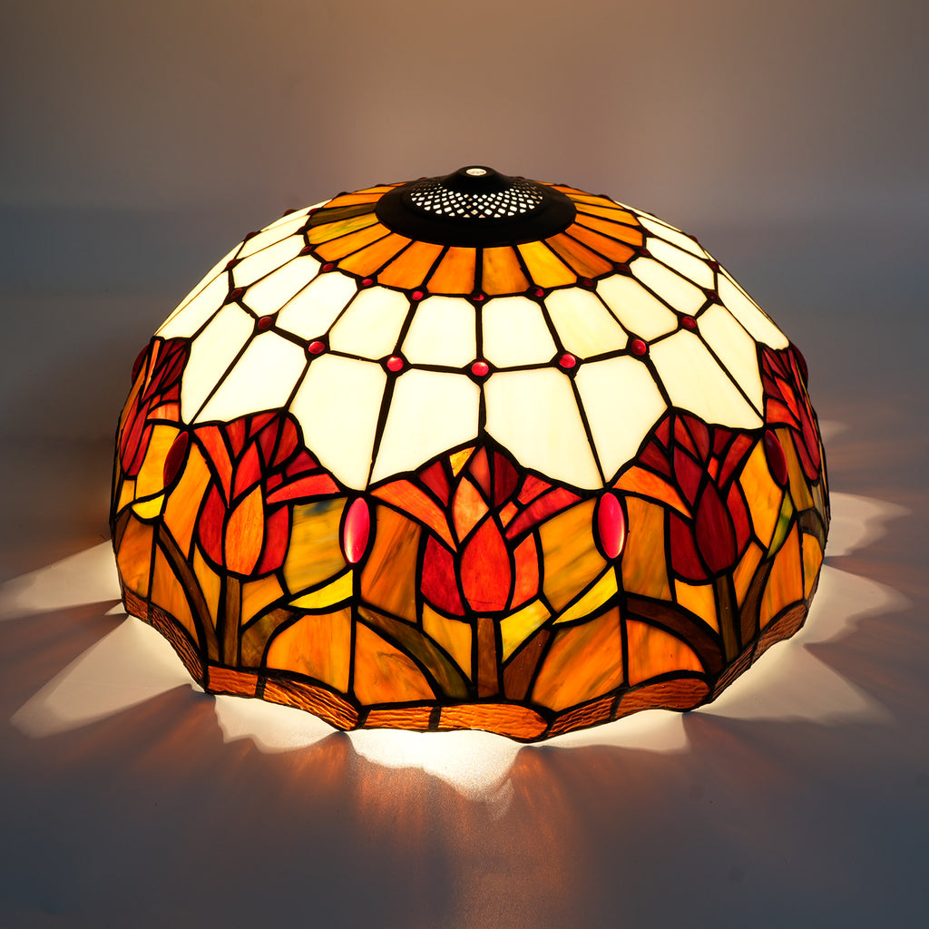 Abat-jour Tiffany en Verre Teinté à Motifs Tulipes Ambre