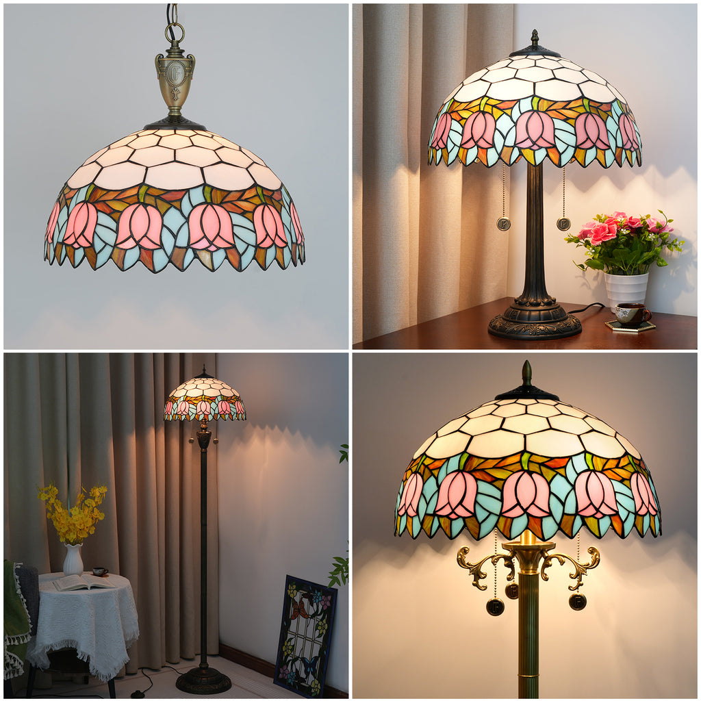 Abat-jour Dôme en Vitrail Floral Rose Style Tiffany