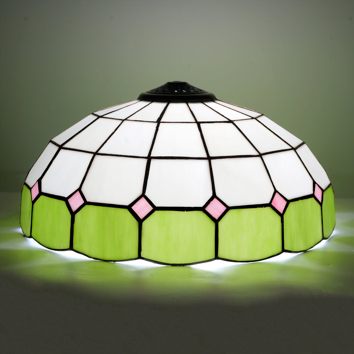 Abat-jour Dôme en Vitrail Blanc Vert Lime et Rose