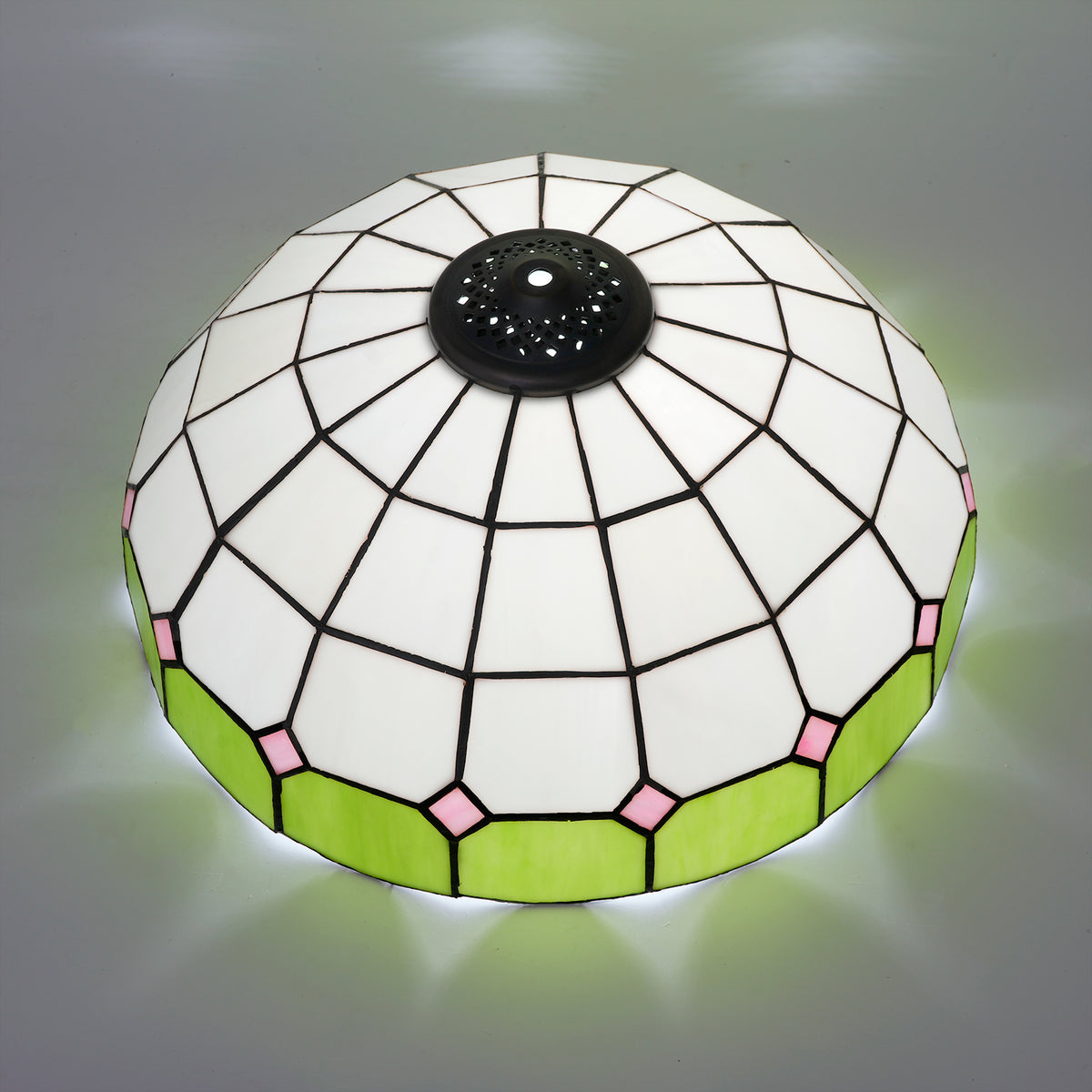 Abat-jour Dôme en Vitrail Blanc Vert Lime et Rose