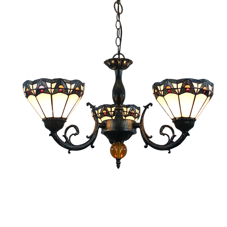 Lustre Bronze Vieilli à 3 Lumières en Vitrail Teinté