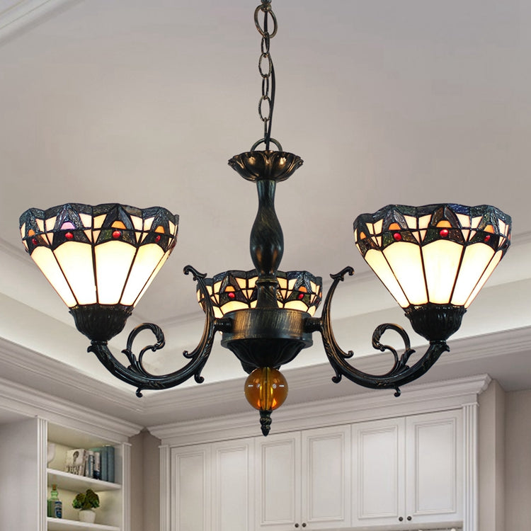 Lustre Bronze Vieilli à 3 Lumières en Vitrail Teinté