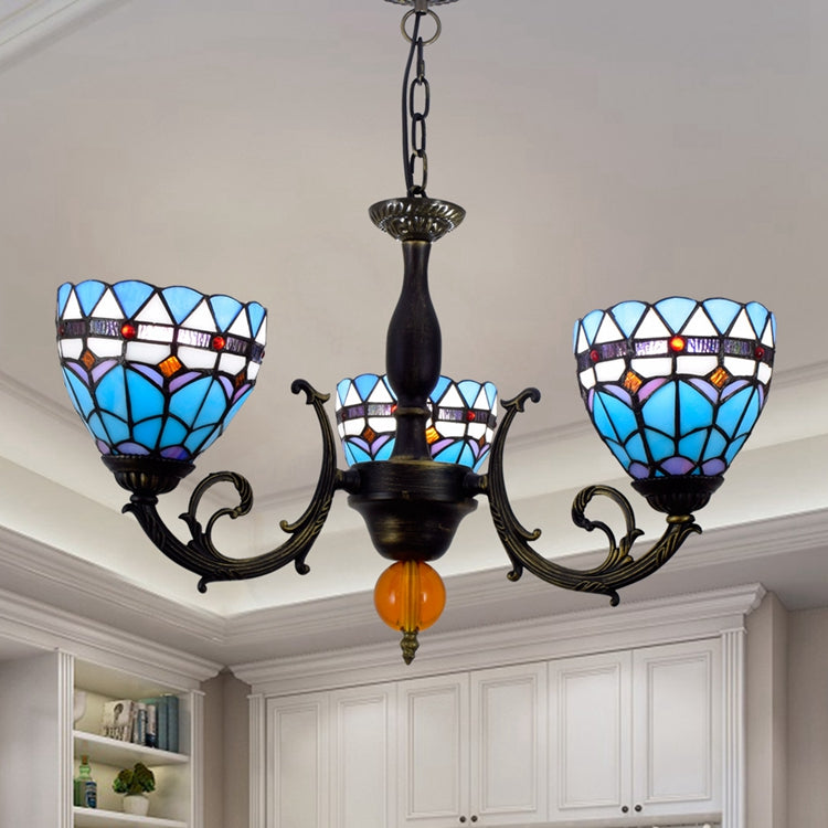 Lustre en Vitrail Tiffany Bleu et Violet Antique