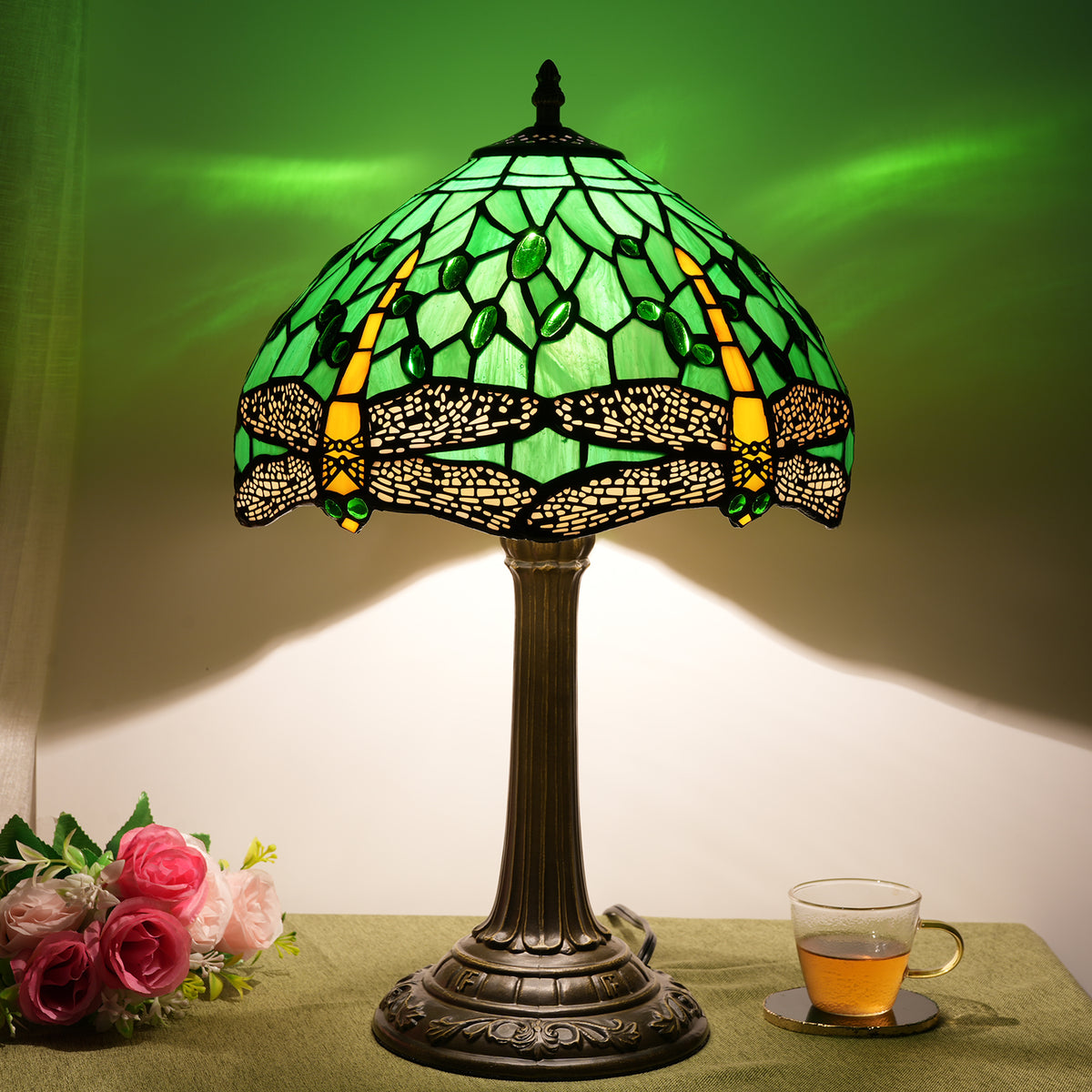 Lampe de Table Tiffany en Vitrail Vert et Libellules
