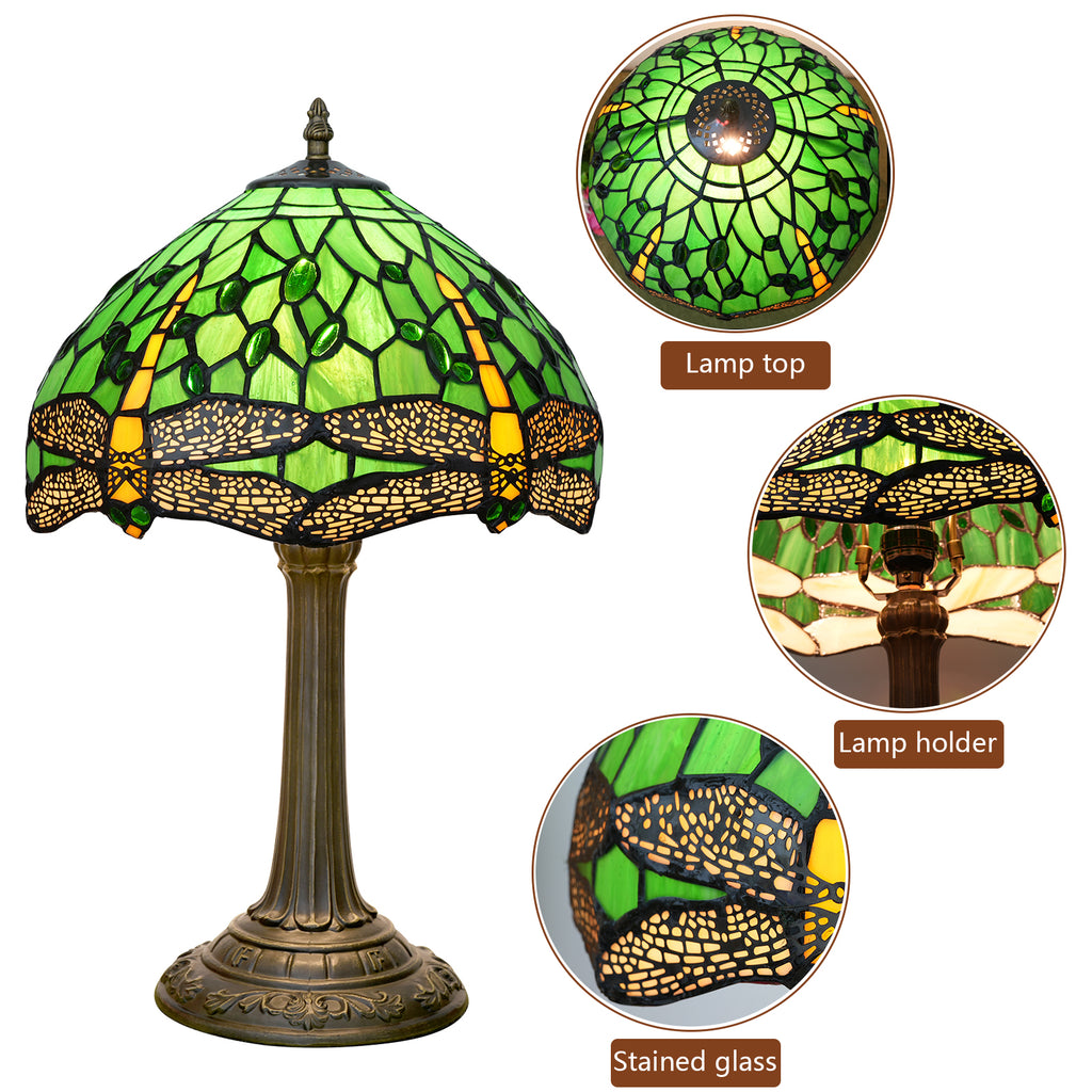 Lampe de Table Tiffany en Vitrail Vert et Libellules
