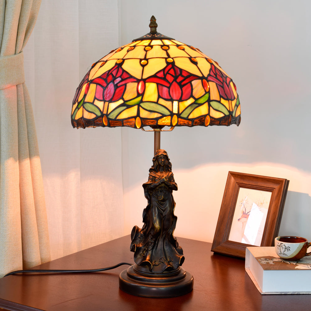 Lampe de Table en Vitrail Tiffany à Fleurs Rouges et Statue