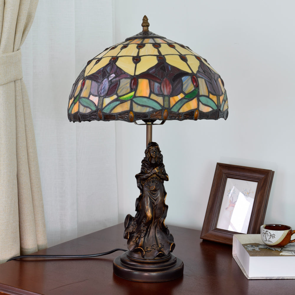 Lampe de Table en Vitrail Tiffany à Fleurs Rouges et Statue