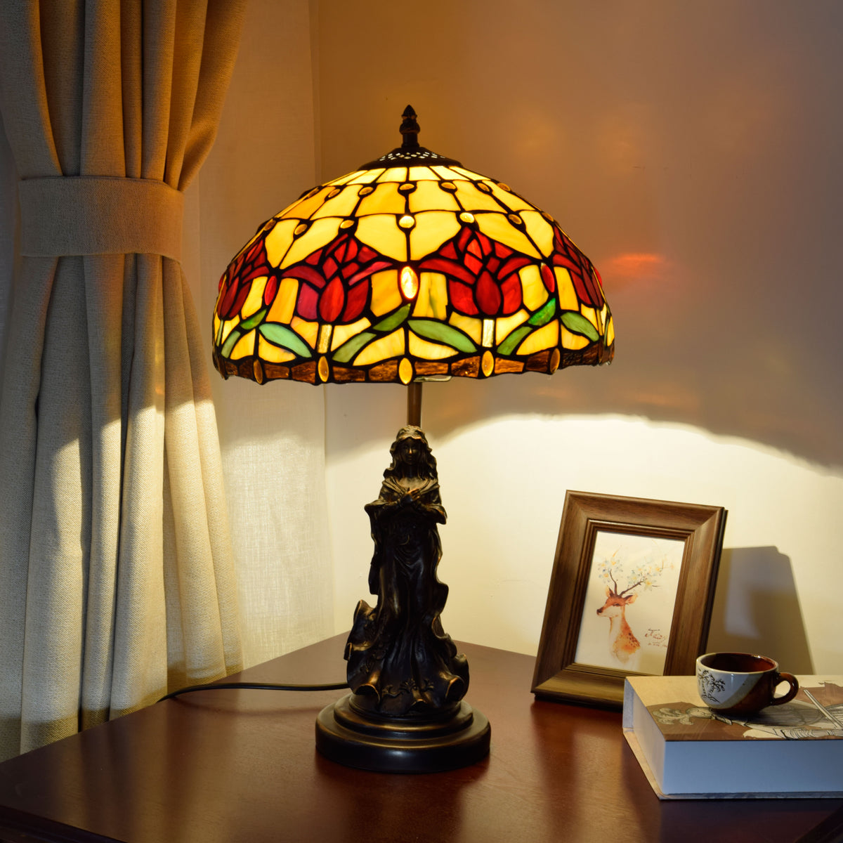 Lampe de Table en Vitrail Tiffany à Fleurs Rouges et Statue