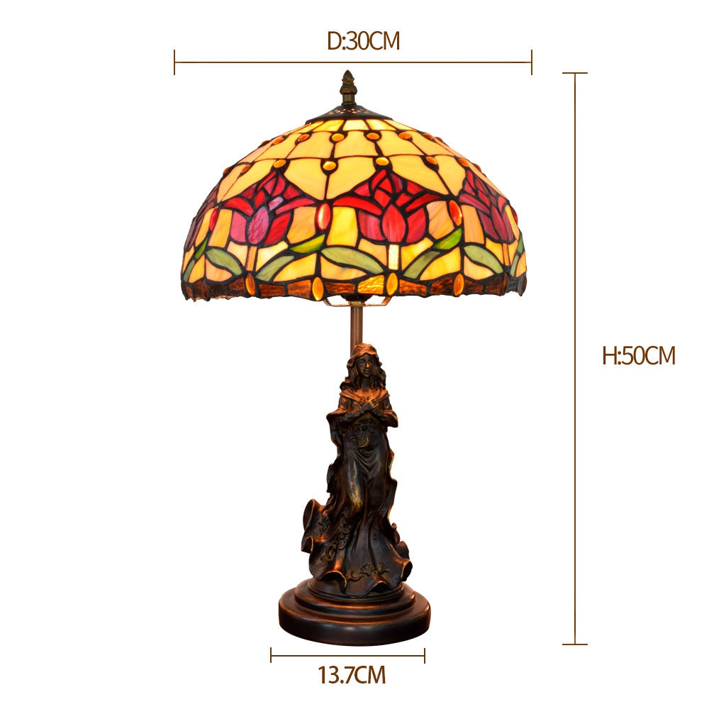 Lampe de Table en Vitrail Tiffany à Fleurs Rouges et Statue