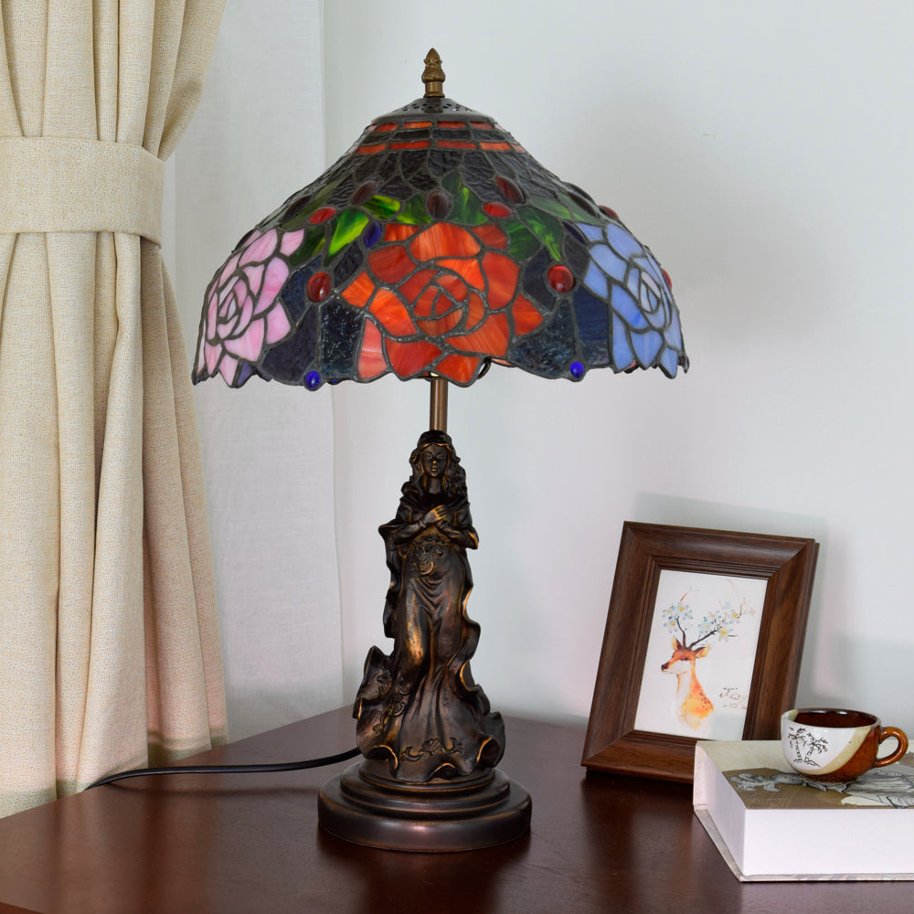 Lampe de Table en Vitrail Floral Rose Style Tiffany