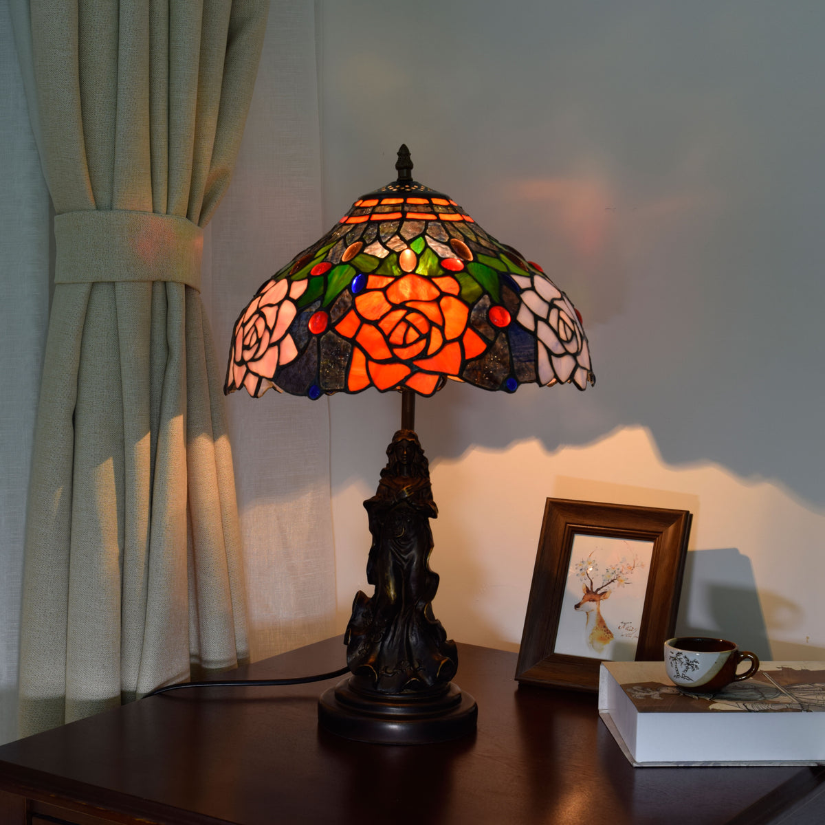 Lampe de Table en Vitrail Floral Rose Style Tiffany