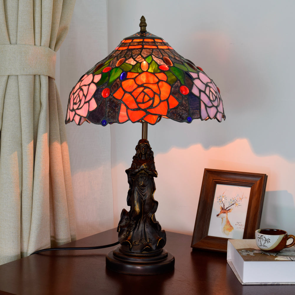 Lampe de Table en Vitrail Floral Rose Style Tiffany