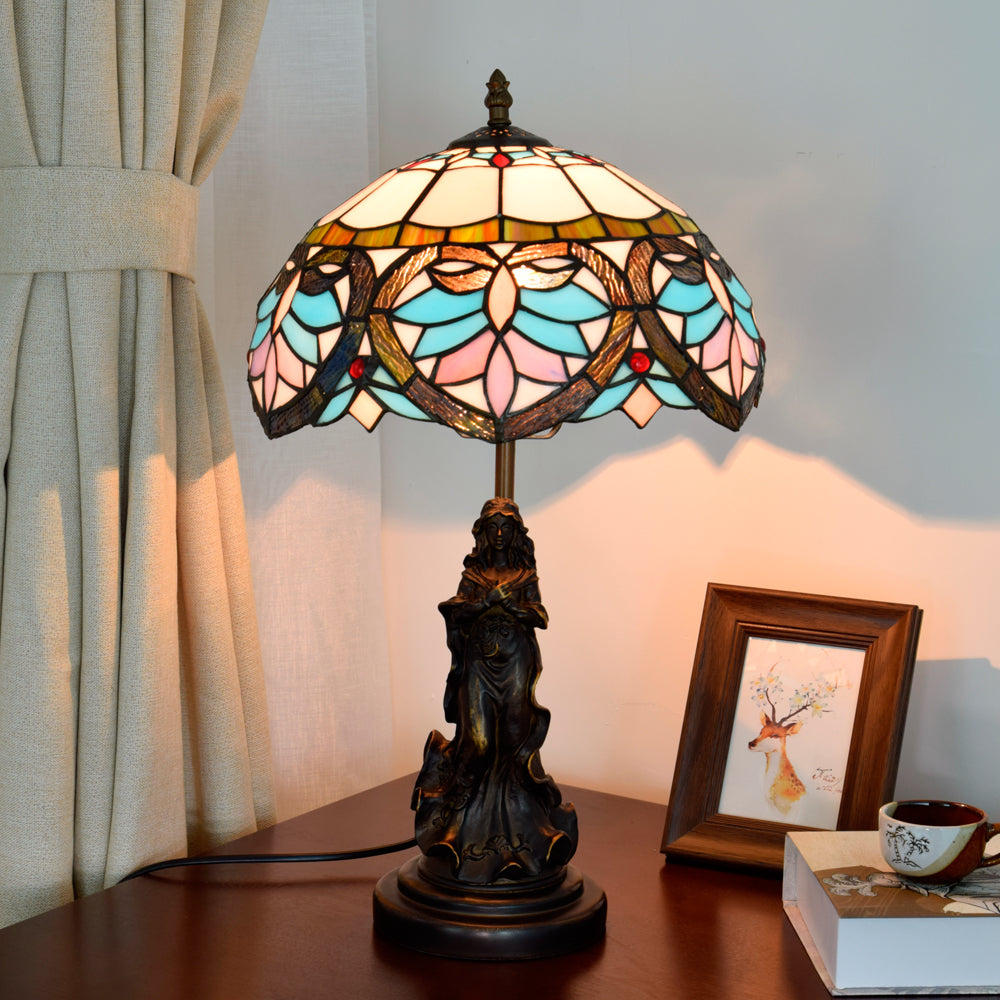 Lampe de Table Tiffany en Vitrail à Base Sculptée