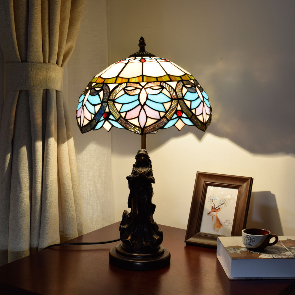 Lampe de Table Tiffany en Vitrail à Base Sculptée