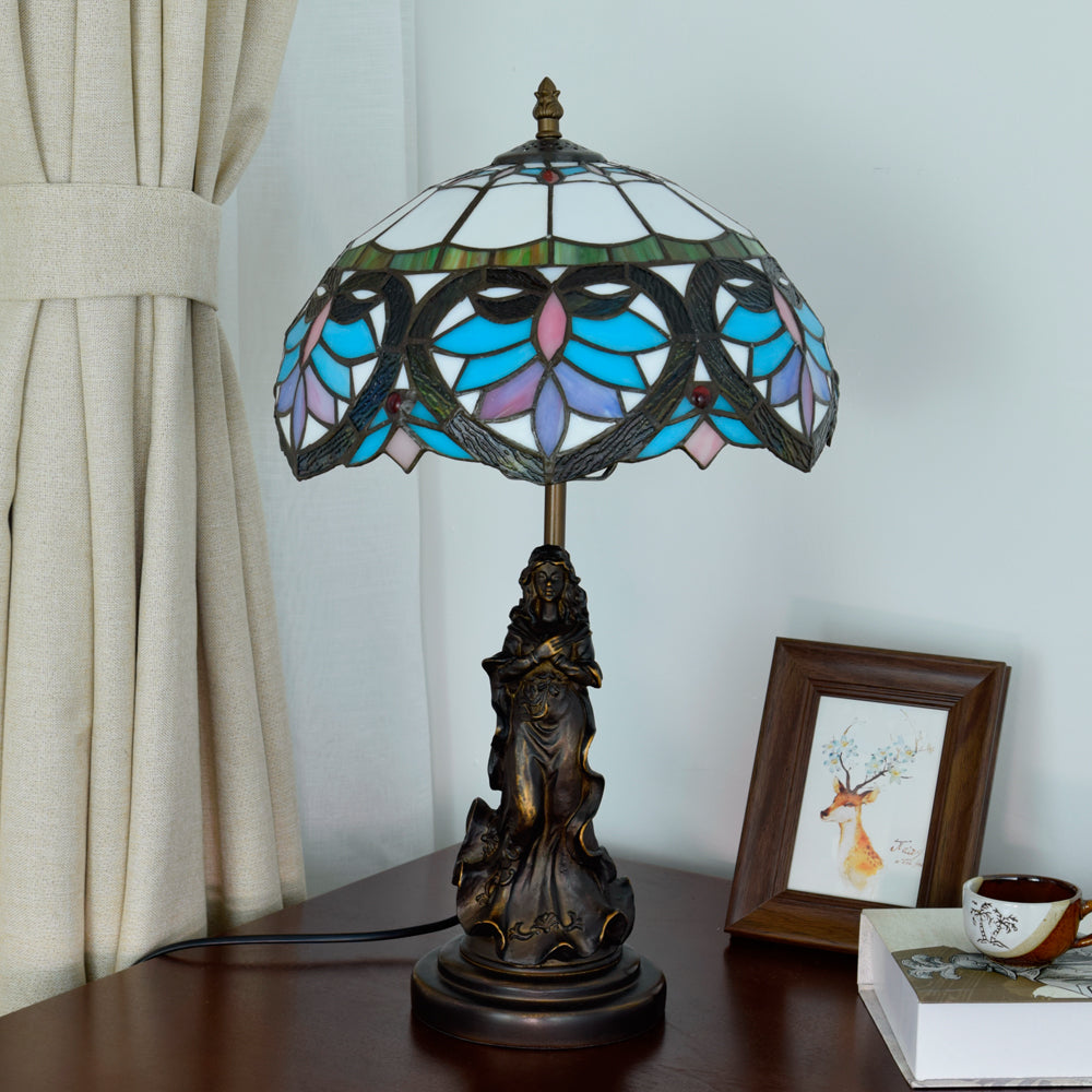 Lampe de Table Tiffany en Vitrail à Base Sculptée