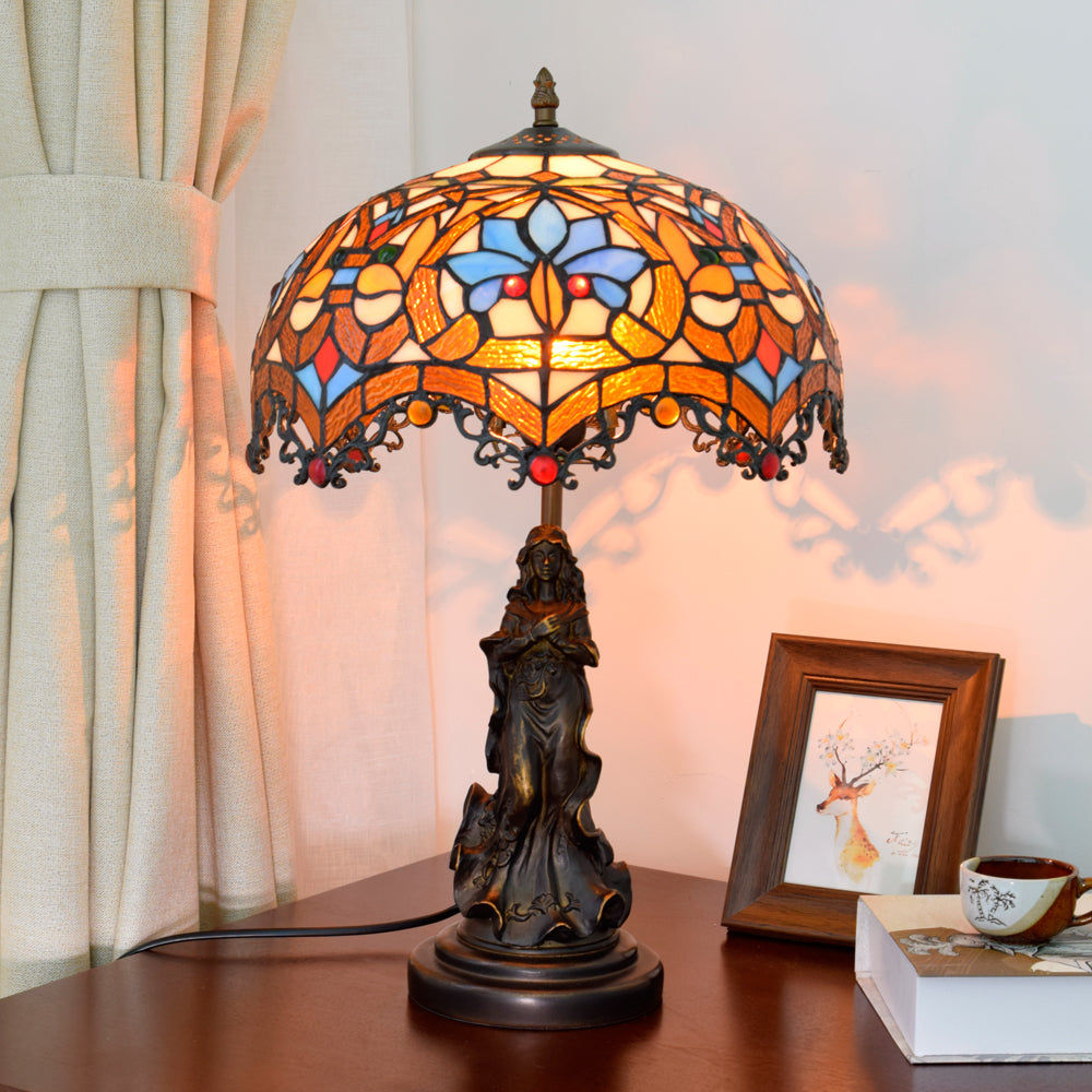 Lampe de Table en Vitrail Tiffany à Femme Sculptée