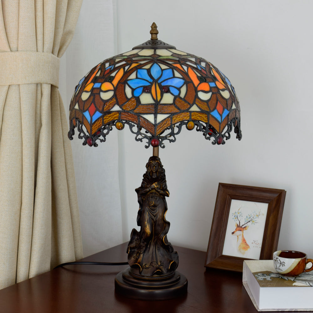 Lampe de Table en Vitrail Tiffany à Femme Sculptée
