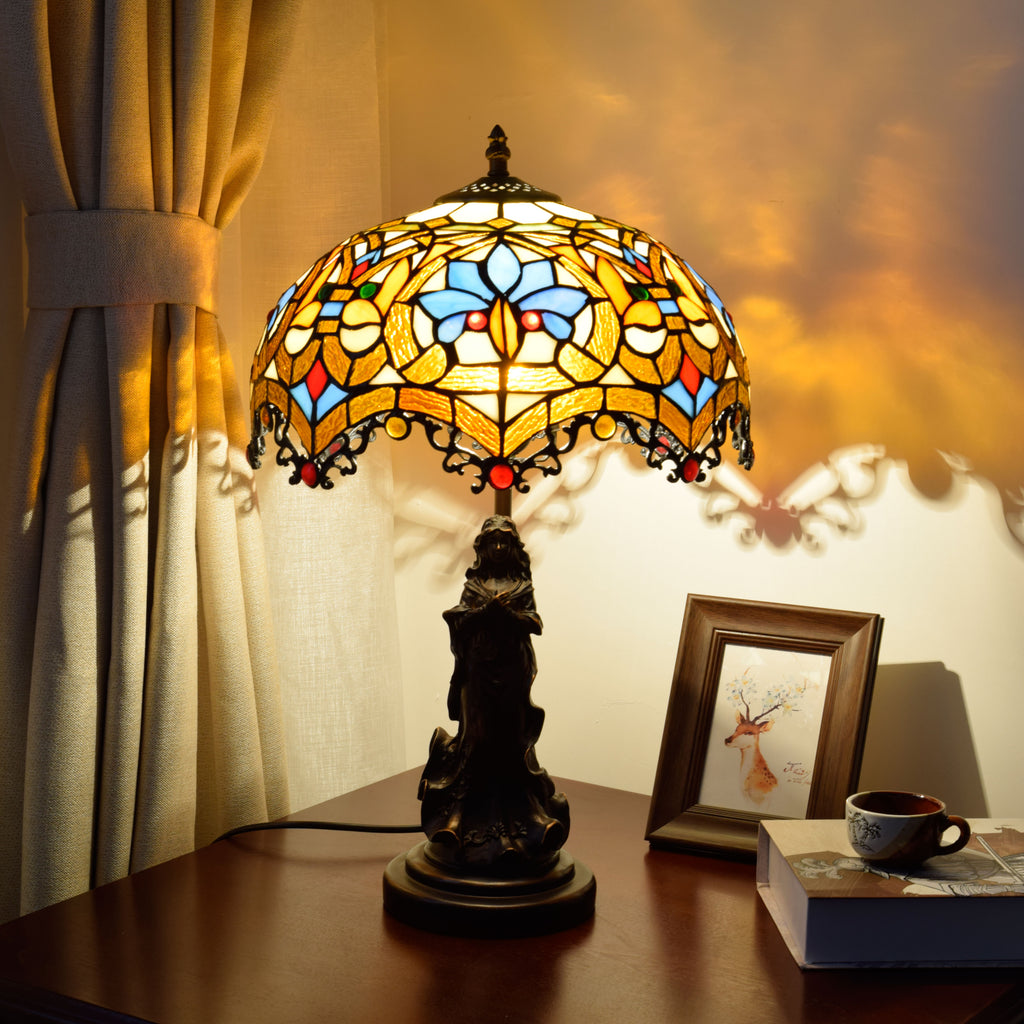 Lampe de Table en Vitrail Tiffany à Femme Sculptée