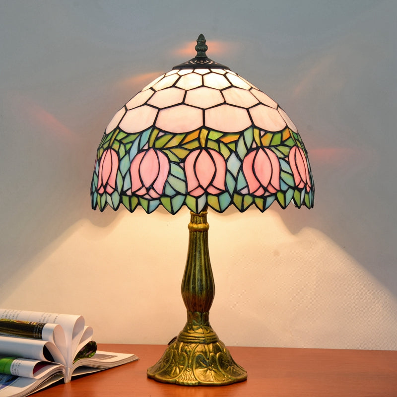 Lampe de Table en Vitrail Style Tiffany à Tulipes Roses