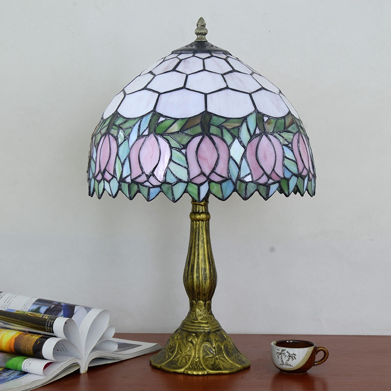 Lampe de Table en Vitrail Style Tiffany à Tulipes Roses
