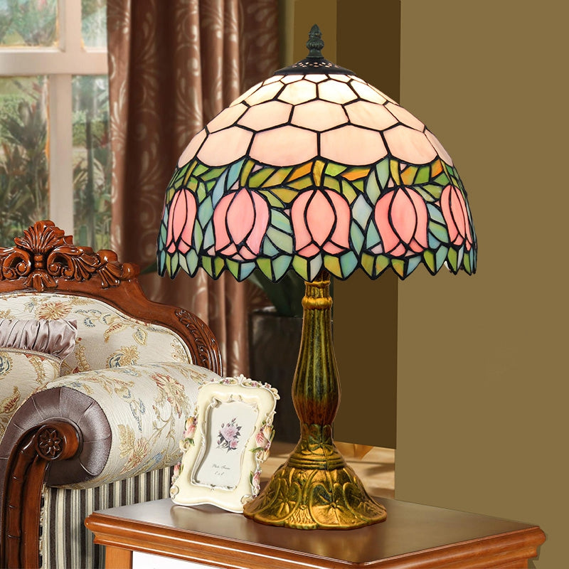 Lampe de Table en Vitrail Style Tiffany à Tulipes Roses