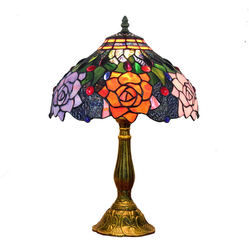 Lampe de Table Tiffany à Roses Multicolores en Vitrail