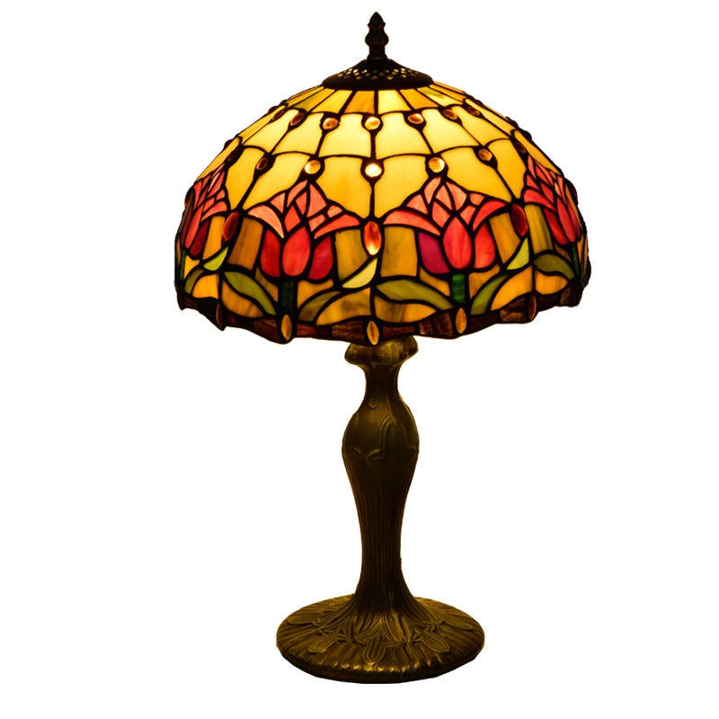 Lampe de Table Tiffany en Vitrail Tulipe Jaune et Rouge