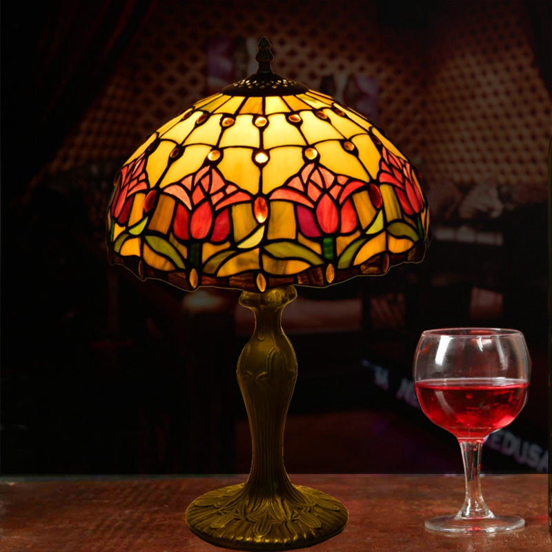 Lampe de Table Tiffany en Vitrail Tulipe Jaune et Rouge