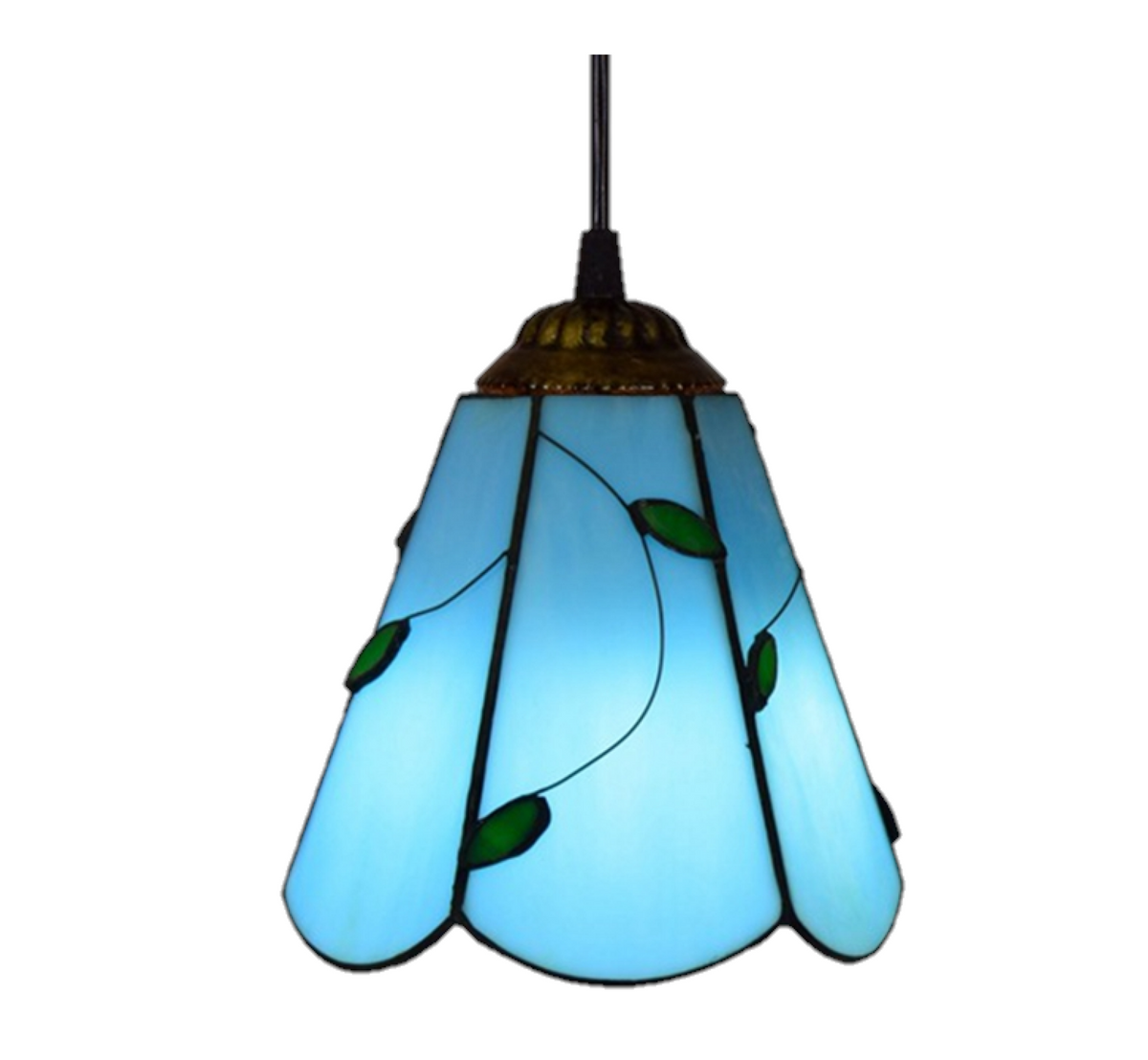 Lampe à Suspension Tiffany en Vitrail Bleu à Feuilles Vertes