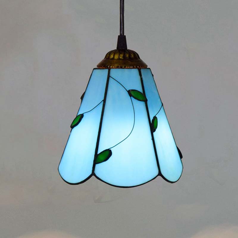 Lampe à Suspension Tiffany en Vitrail Bleu à Feuilles Vertes