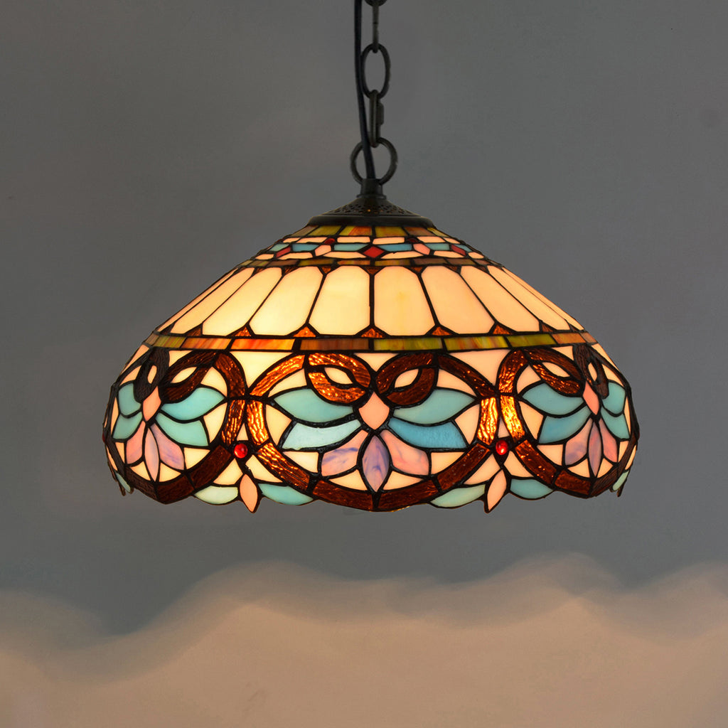 Suspension Tiffany en Vitrail Bleu et Rose Floral