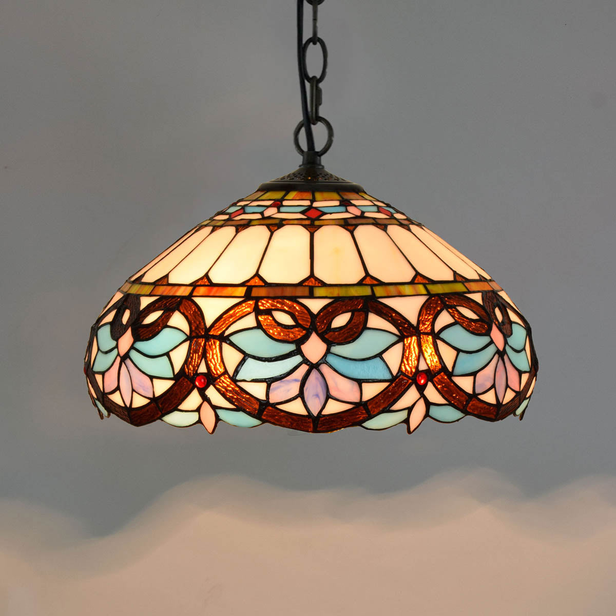Suspension Tiffany en Vitrail Bleu et Rose Floral