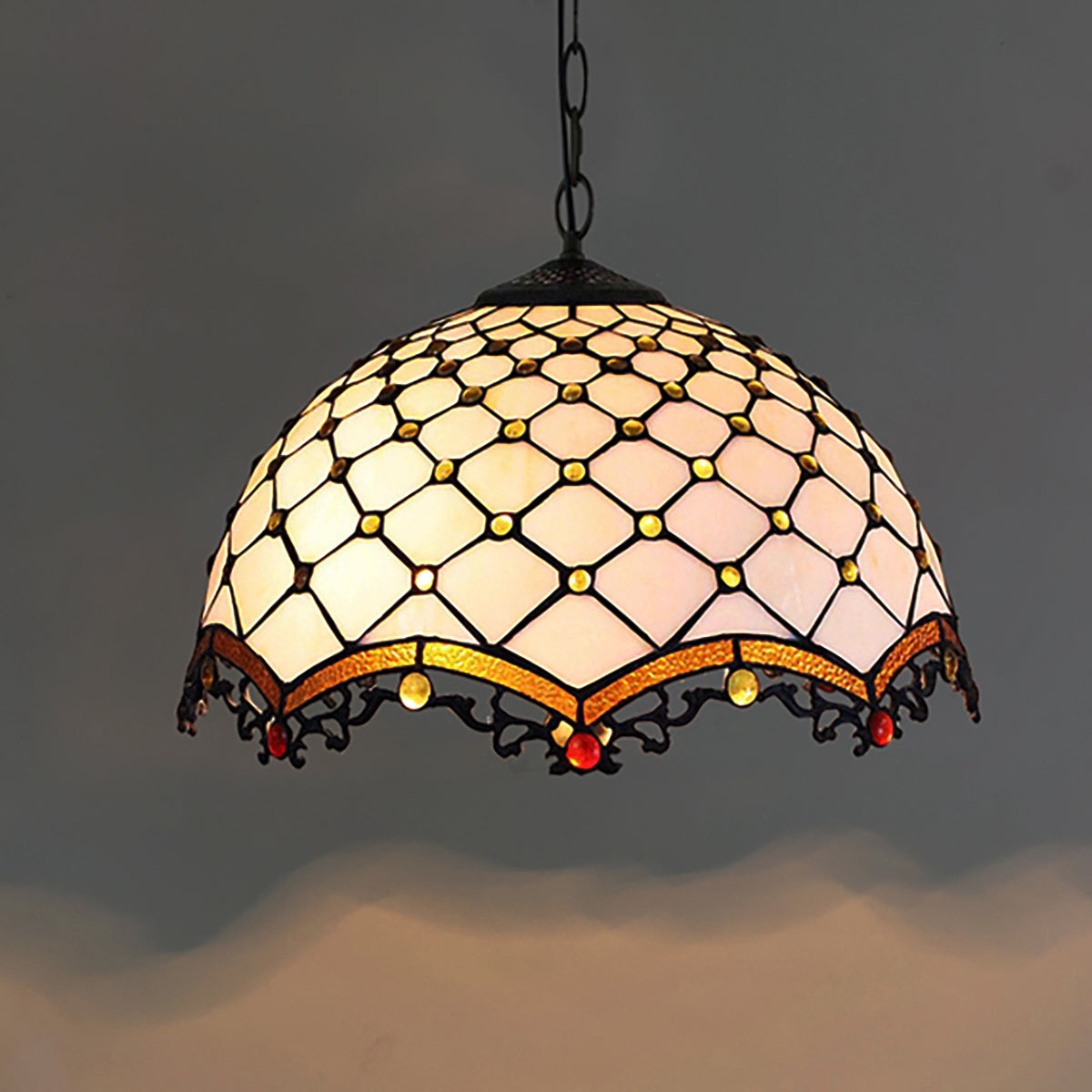 Suspension Style Tiffany en Vitrail Crème Ambre