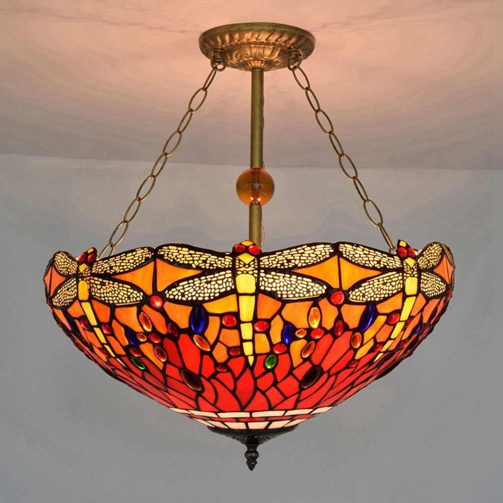 Lustre Art Nouveau en Verre Teinté Libellules