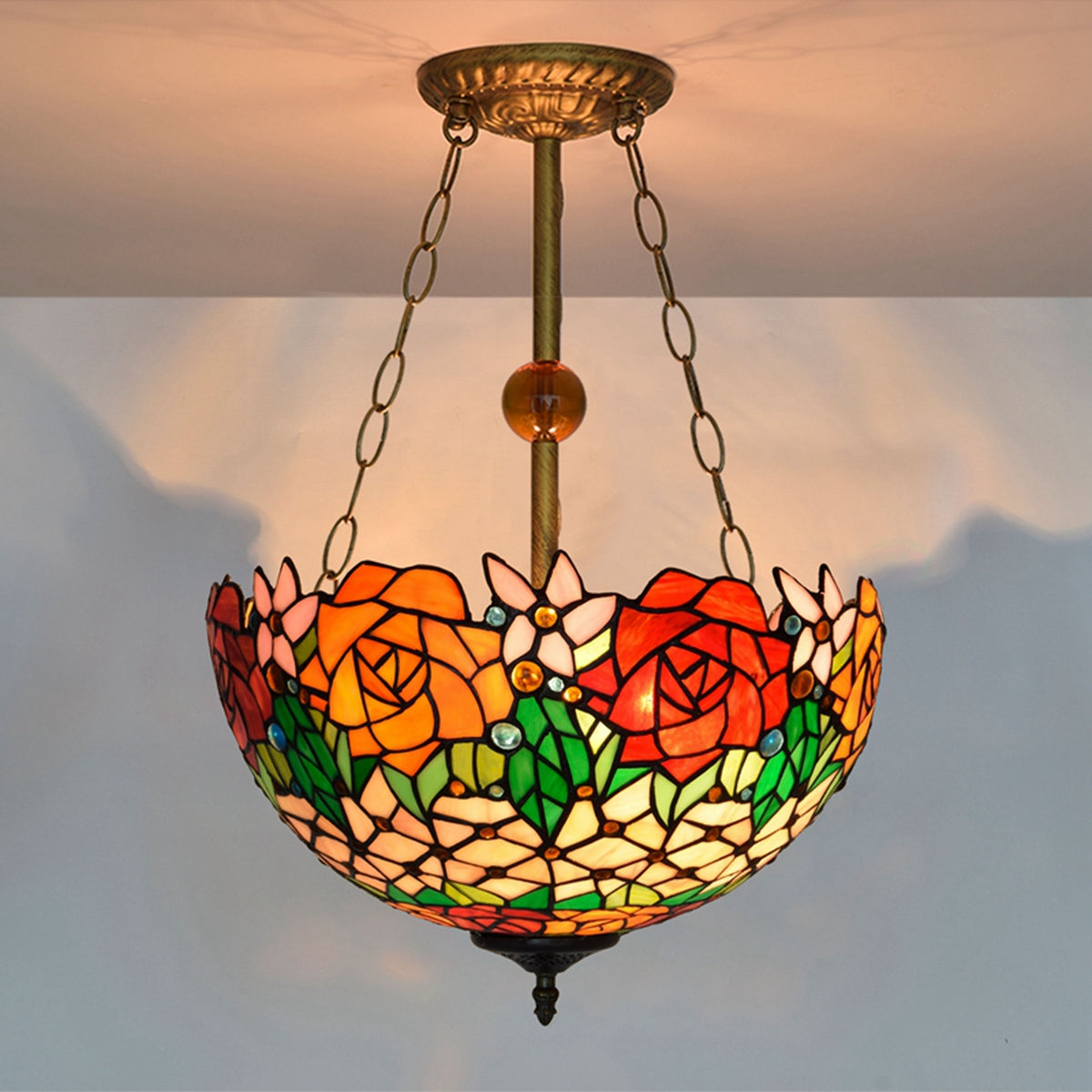 Lustre Suspendu en Vitrail Floral et Fer