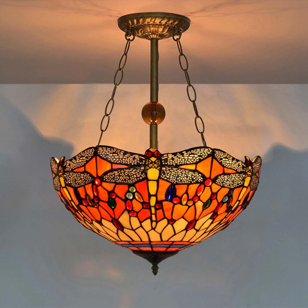 Suspension Art Nouveau en Verre Teinté Libellule