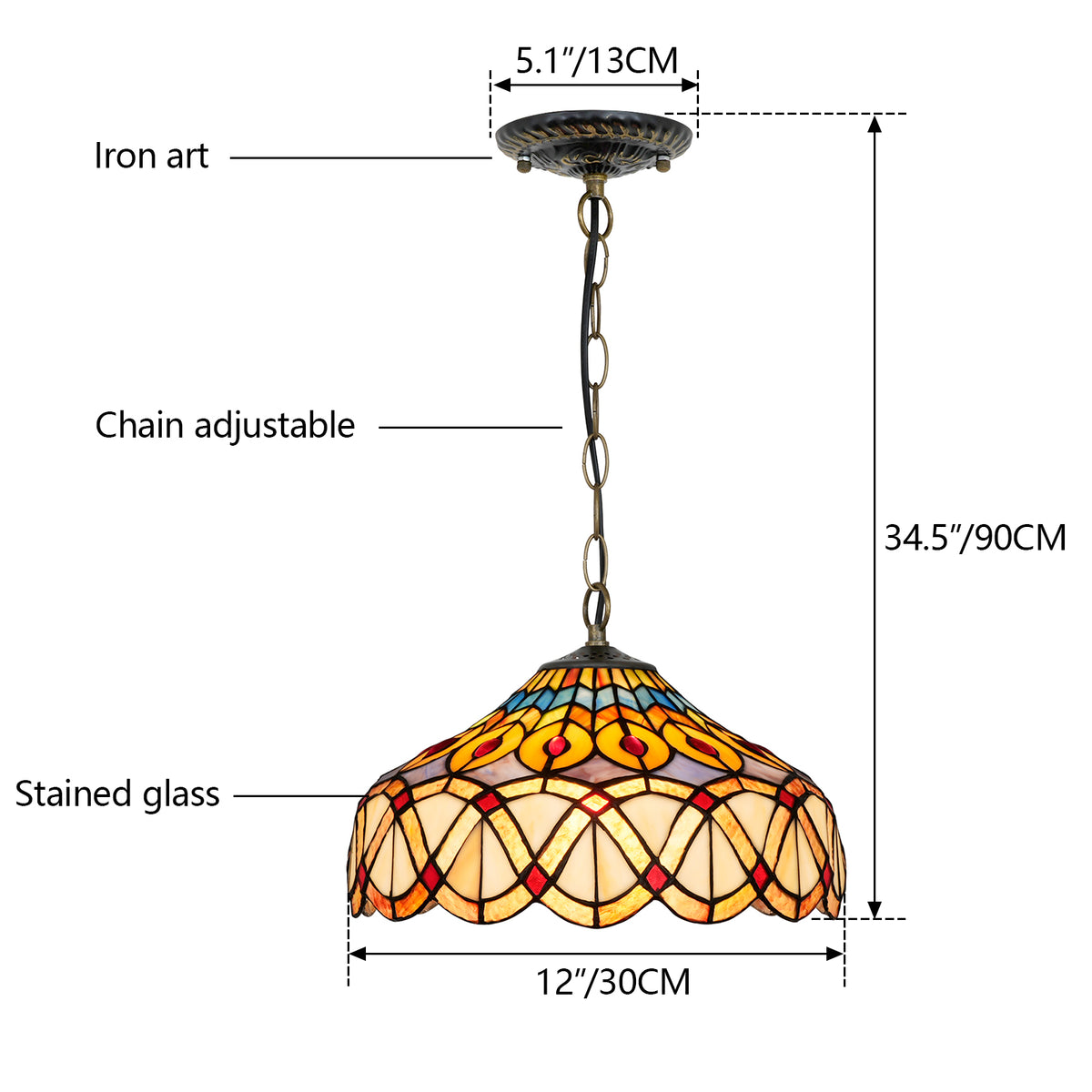Suspension Style Tiffany en Verre Teinté Multicolore