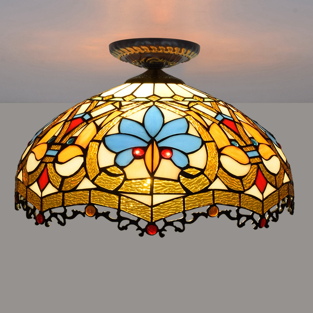 Plafonnier en Vitrail Style Tiffany Motif Floral Bleu