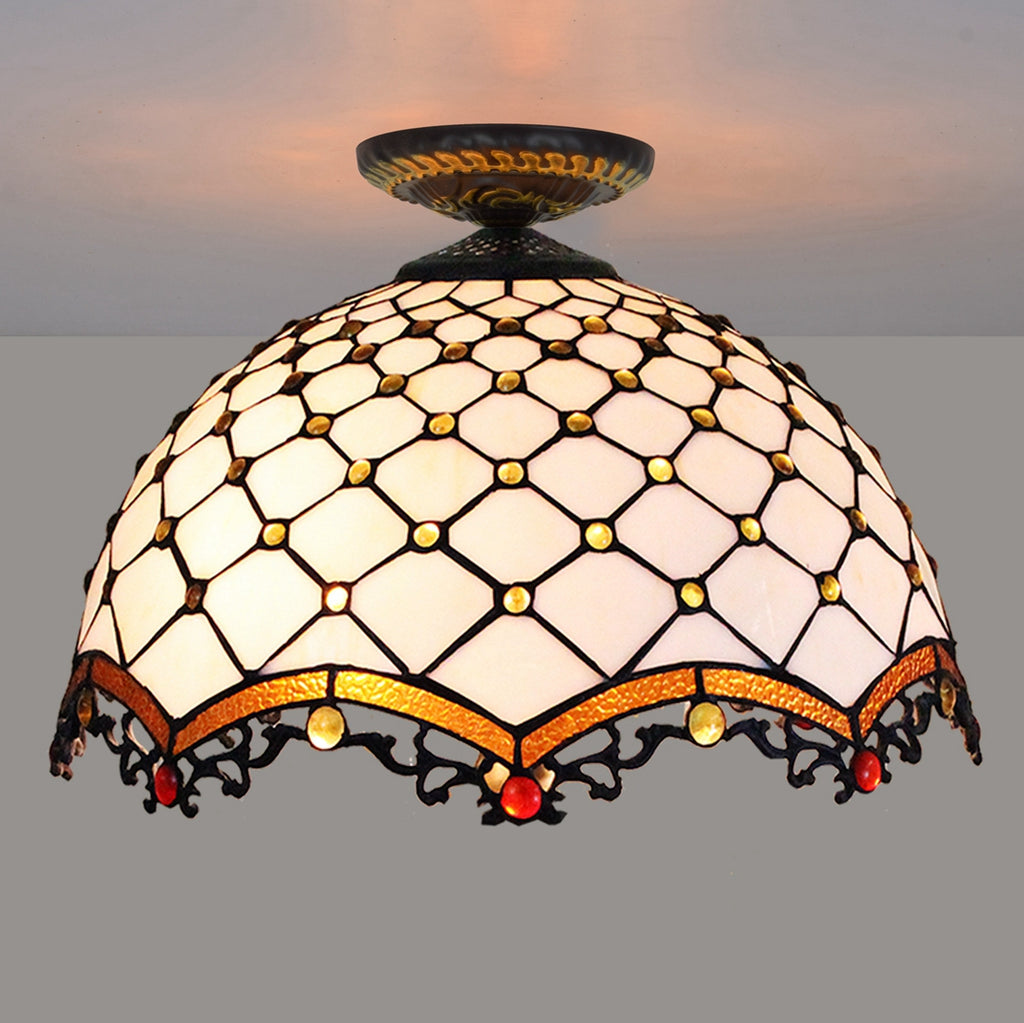 Plafonnier Art Déco en Vitrail Blanc et Ambre