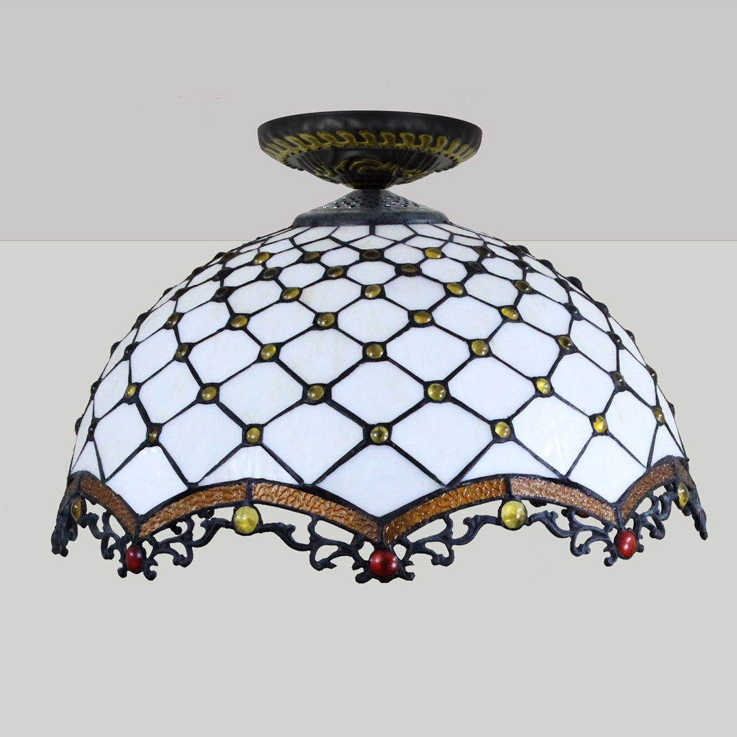 Plafonnier Art Déco en Vitrail Blanc et Ambre Image