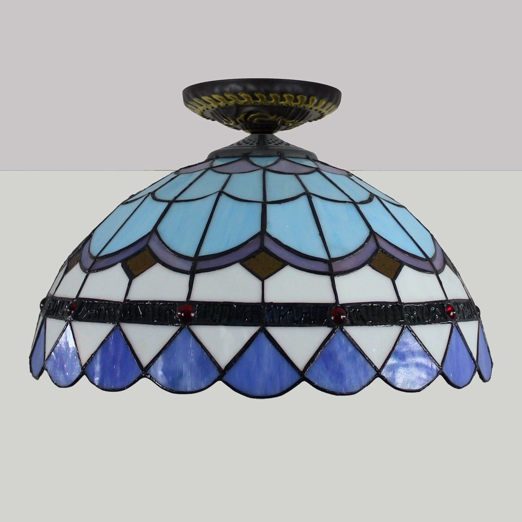 Plafonnier Dôme en Vitrail Bleu et Rouge Tiffany