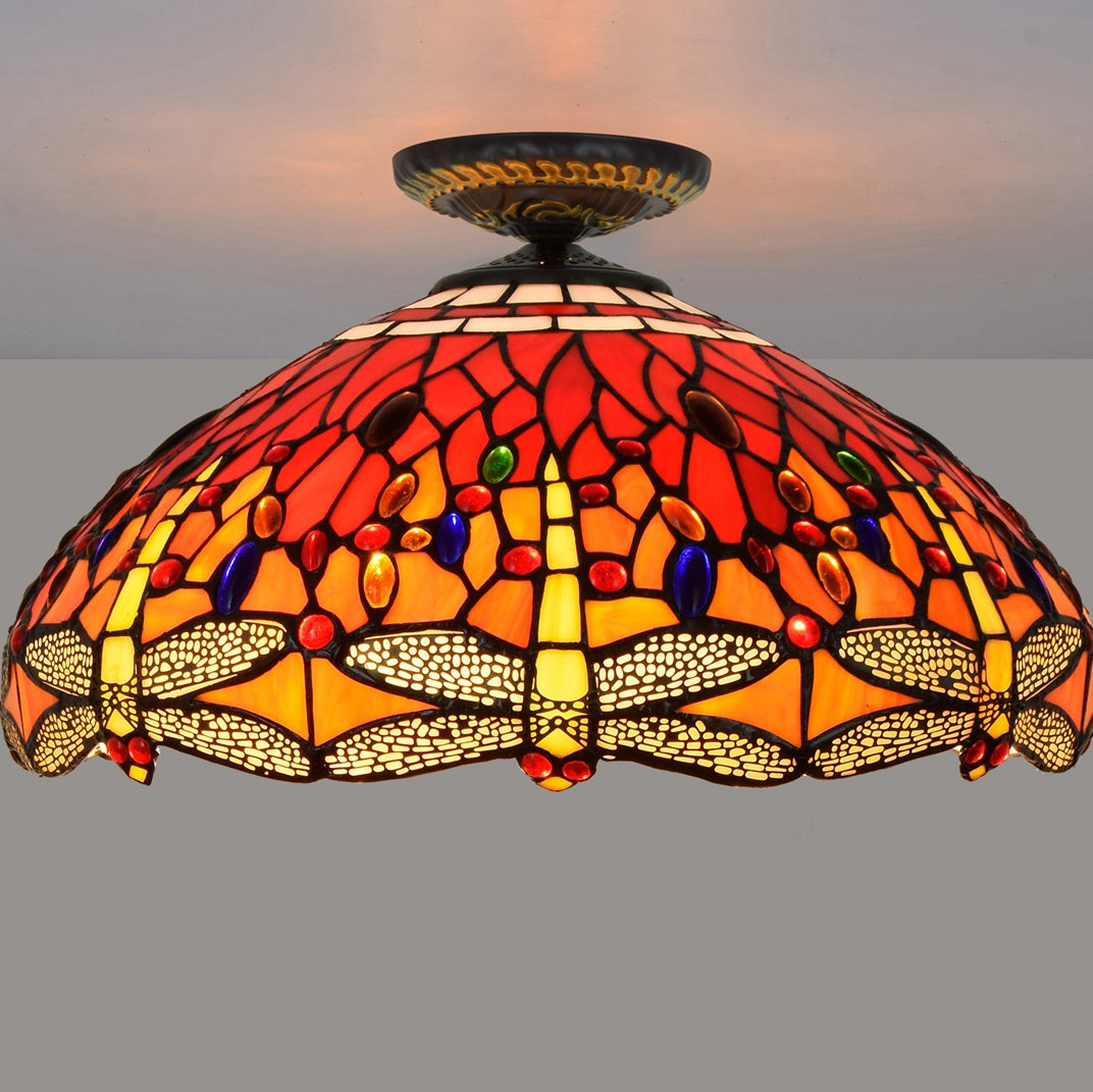 Plafonnier Tiffany Libellules en Vitraux Art Nouveau