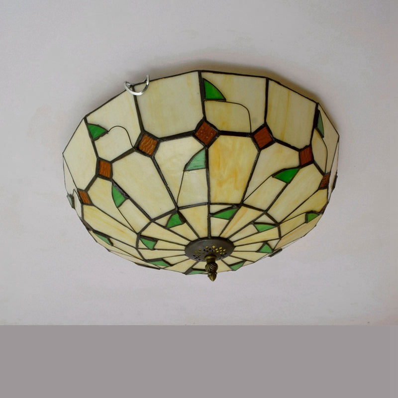 Plafonnier en Verre Teinté Style Tiffany Crème et Vert